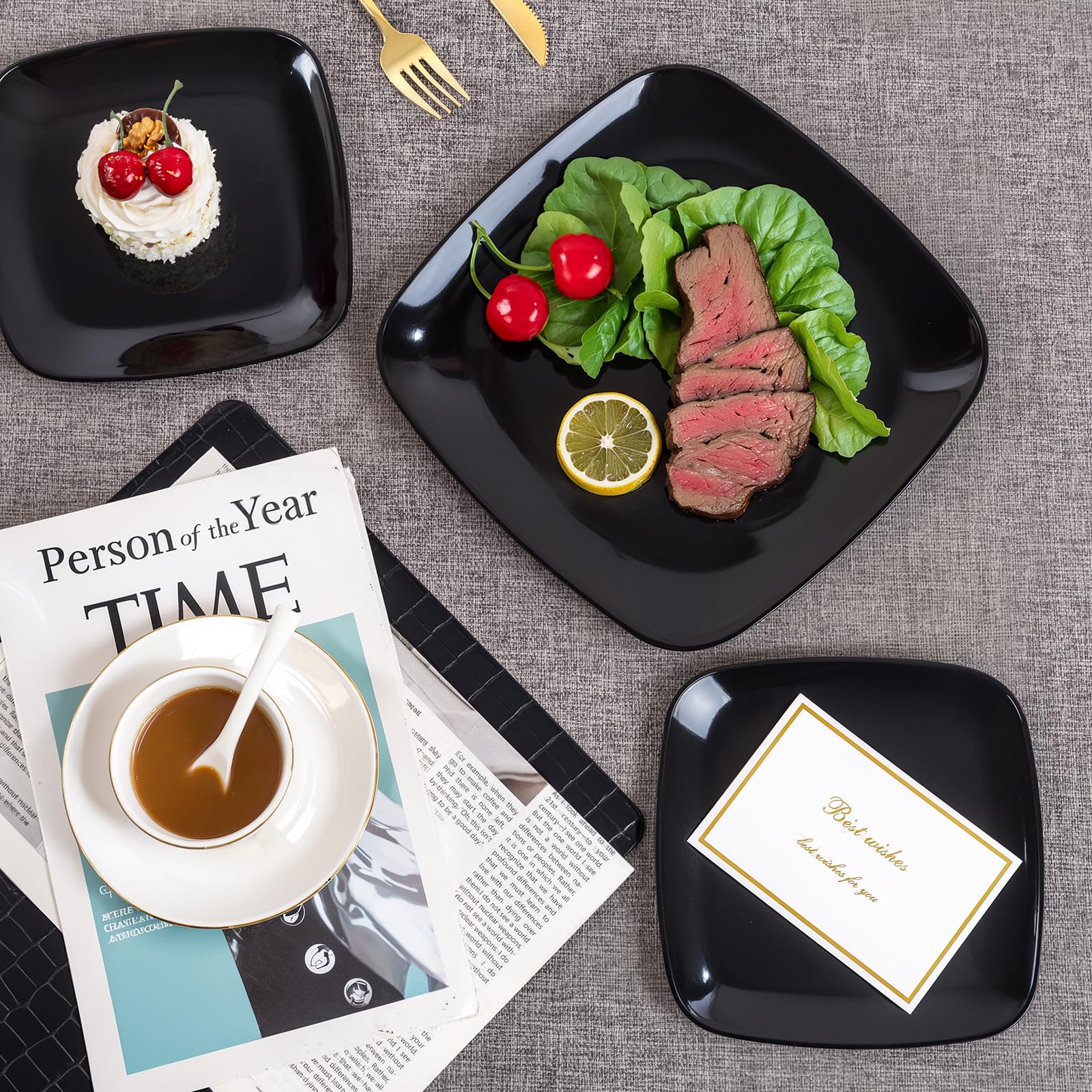 PULOTE 100 PCS Black Square Plastic Plates Disposable - Include 50 Each (10" Dinner & 7.25" Dessert) Plates - Ideal for Party & Graduation