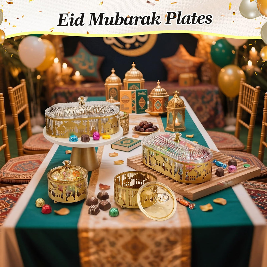 Otoolling 4 Pcs Ramadan Trays with Lid Gold Eid Mubarak Tray Plates Ramadan Moon Candy Dish Table Decorations Food Serving Tray Islam Muslim Al-fitr Cookie Storage Container for Eid Party Supplies