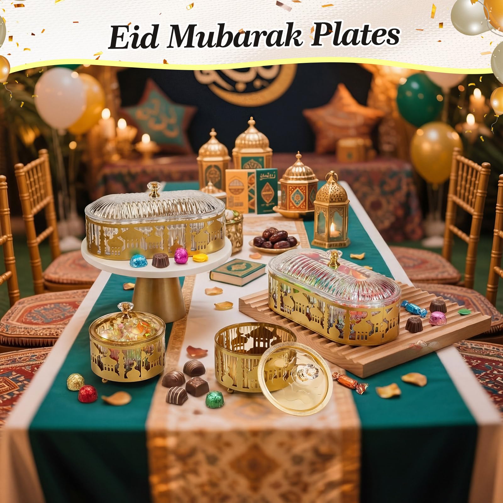 Otoolling 4 Pcs Ramadan Trays with Lid Gold Eid Mubarak Tray Plates Ramadan Moon Candy Dish Table Decorations Food Serving Tray Islam Muslim Al-fitr Cookie Storage Container for Eid Party Supplies