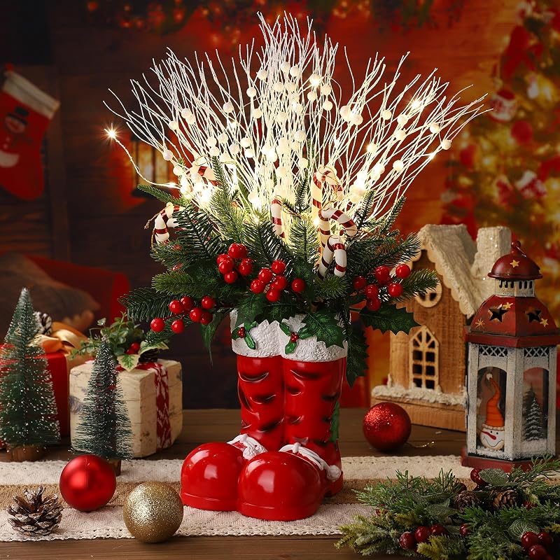 Christmas Santa Boot Vase with Tree & Candy Cane Lights - 25 Inch Decor