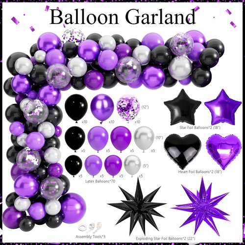 Black and Purple Birthday Decorations Kit, Purple and Black Party Decorations - Purple Happy Birthday Backdrop Banner, Balloon Arch, Tablecloth, Fringe Curtain for Women Girls Kids Celebration