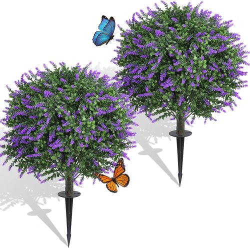 Dense Foliage | 24-Inch Artificial Lavender Topiary Ball Trees - UV Resistant Faux Plants for Outdoor Decor