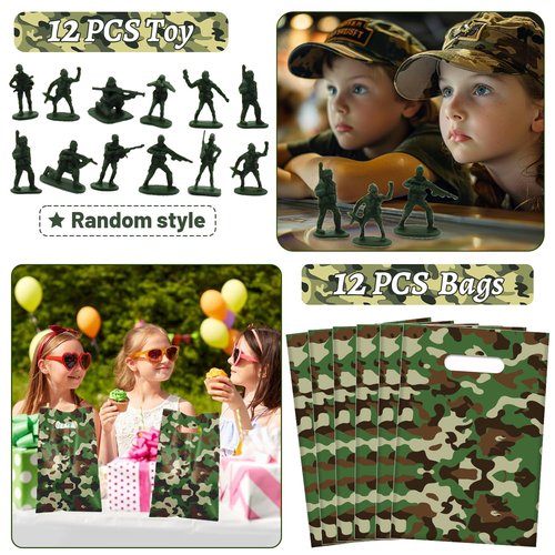 122 PCS Army Party Favors, Military Camo Temporary Tattoos Slap Bracelets Keychains Stickers Badges Goodie Bags Soldiers Figures for Army Birthday Party Decorations Gifts for Kids Classroom Rewards