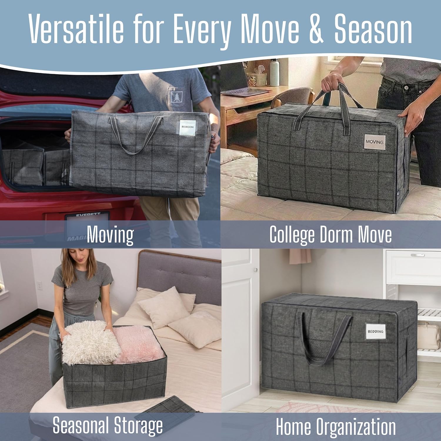 VENO Extra Large Heavy Duty Moving Bags - 8 Pack with Wide Opening & Reinforced Handles | Reusable Storage Totes for Clothes & College Dorm Essentials