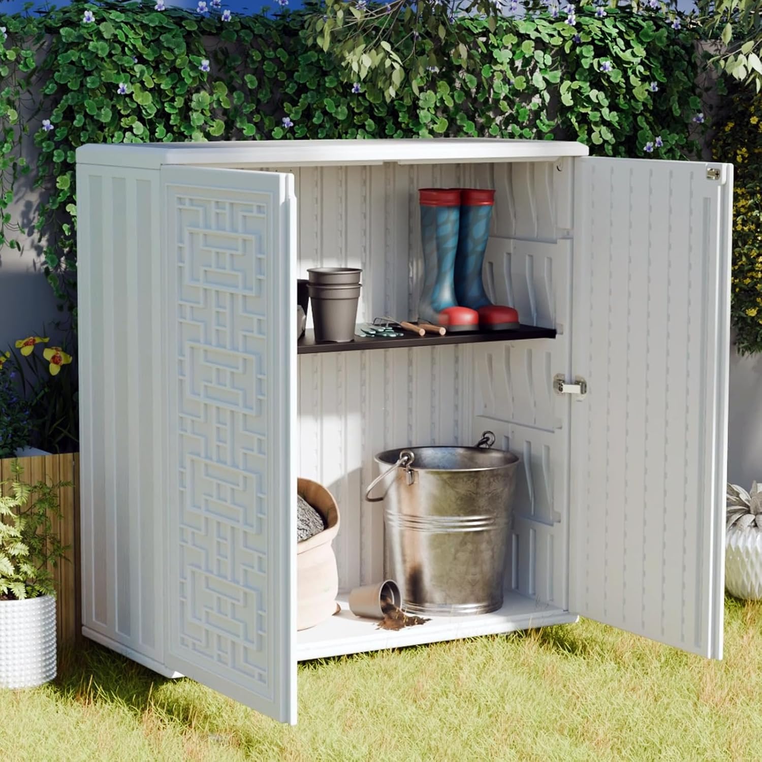 Mrosaa Waterproof Indoor Outdoor Storage Cabinet - Versatile Off-White Plastic for Patio & Garden | 34.3''L x 15''W x 36.2''H
