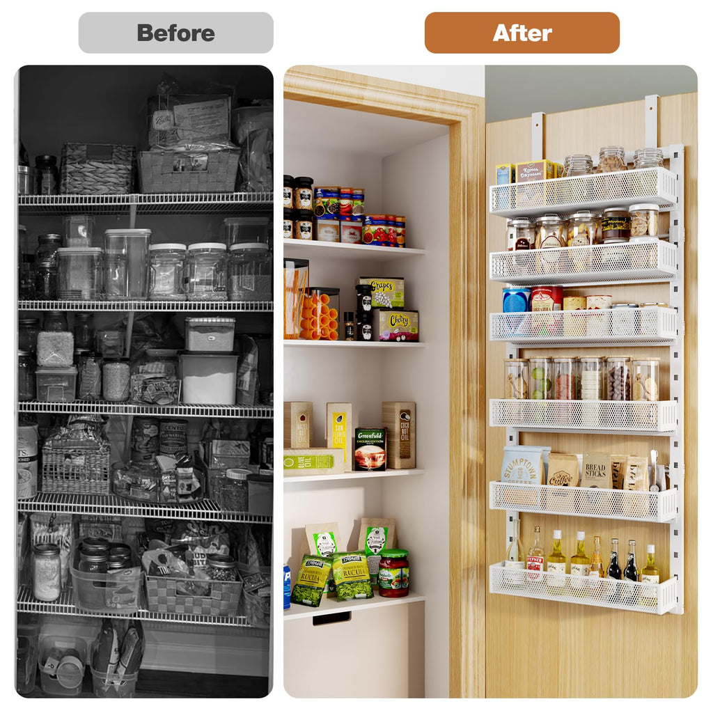 Pantry Door Organizers and Storage, 6-Tier Large Metal Heavy-Duty Frame Over the Door Spice Rack, 2 in 1 Wall-Mounted or Hanging shelf for Kitchen, Bathroom, Laundry Room, Bedroom, Closet &Nursery