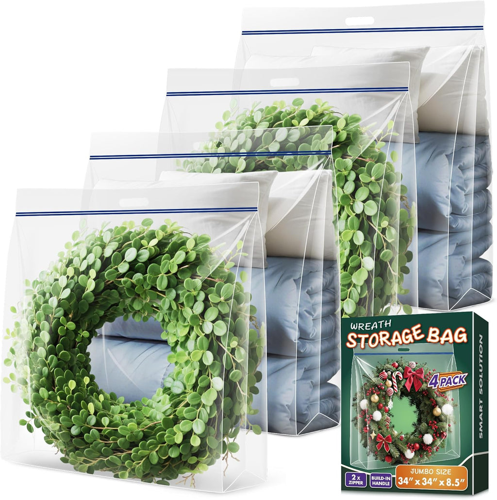 Skiennix Extra Large Clear Wreath Storage Bag - Durable Plastic with Handle | 34"x34"x8.5", 4 Pack for Holiday Decor & Bedding