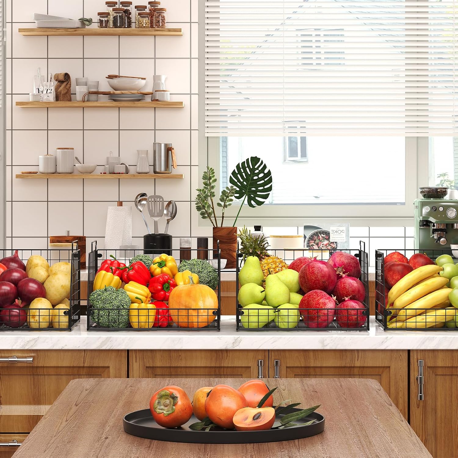 Skiennix XXL Stackable Wire Storage Baskets - Extra Large Pantry Organizer for Fruits, Vegetables & Snacks