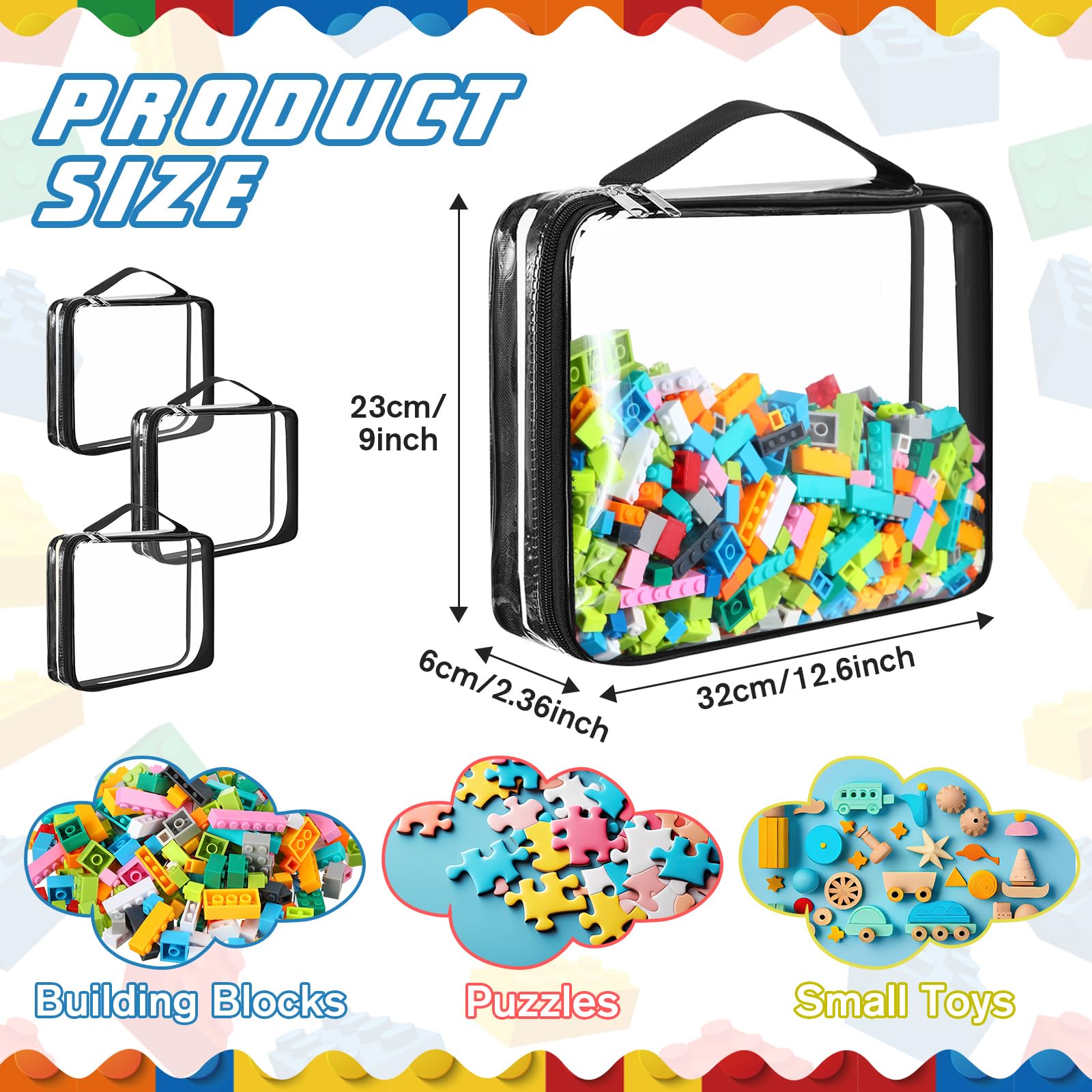 Sanwuta 12 Pcs Extra Large Toy Storage Bags 12.6 x 9 x 2.36 Inch Waterproof Toy Bags with Zipper Clear PVC Puzzles Organizing Container for Books Board Games Building Blocks Toiletry(Black)