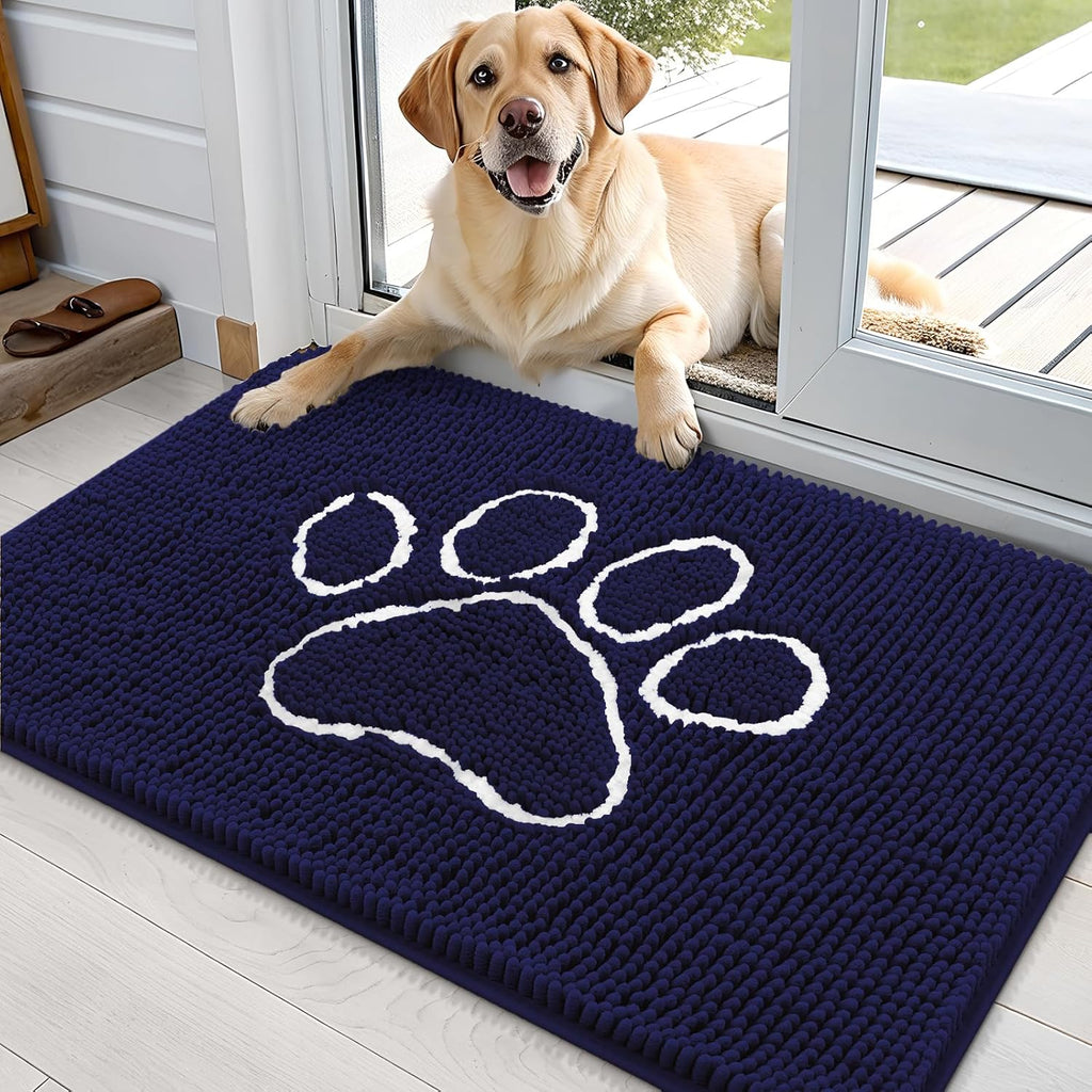 OLANLY Dog Door Mat - Absorbent Non-Slip Mud Mat for Paws | 36x24 Navy Blue Chenille Design