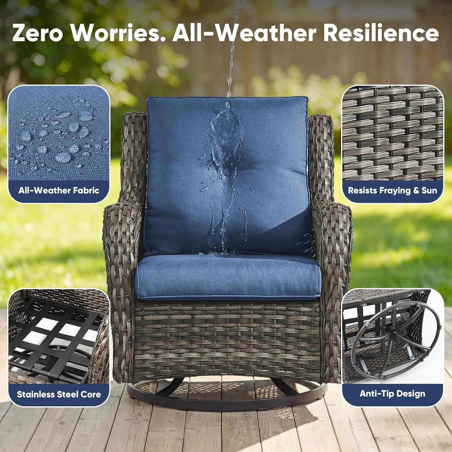 Belord Outdoor Swivel Chairs - Set of 2 All-Weather Wicker Rockers for Patio & Porch - Gray/Blue