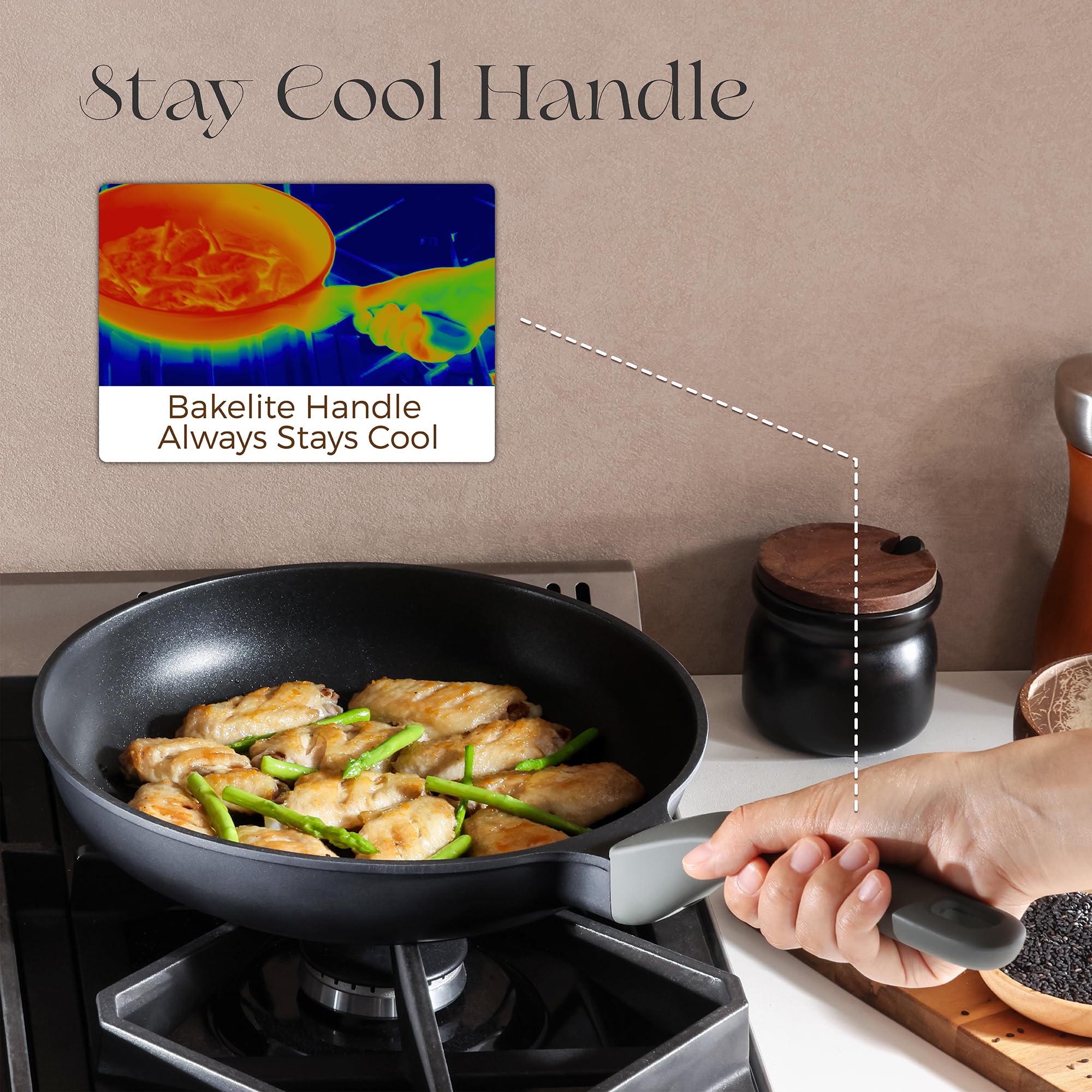PRICUSIS 5Pcs Nonstick Frying Pan Set, 8+10+12 Inch Induction Compatible Skillet with Stay Cool Handle, Fully Coated, 100% Dishwasher Safe, PFOA Free (Black Sesame)