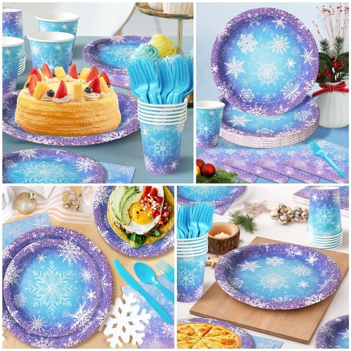 Frozen Birthday Party Decorations - Serve 24, Snowflake Party Supplies, Winter Wonderland Disposable Tableware Include Plates, Napkins, Cups, Forks, Knives, Spoons for Christmas