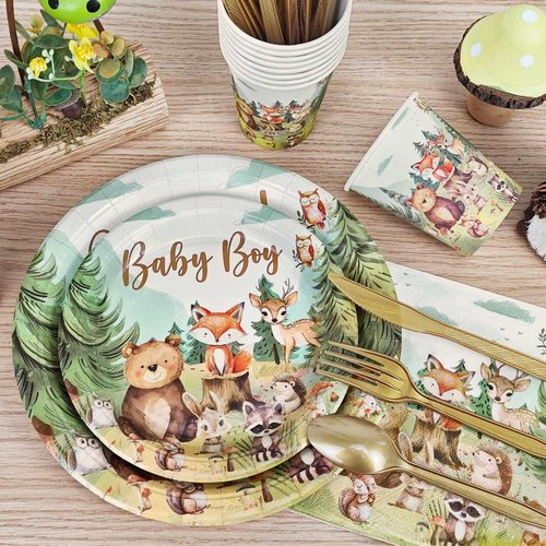 Woodland Baby Shower Decorations Plates Set,184Pcs Baby Boy Woodland Forest Animals Plates Napkins Cups Forks Tablecloth Balloons Banner Hanging Swirls Cupcake Toppers, 25 Guests
