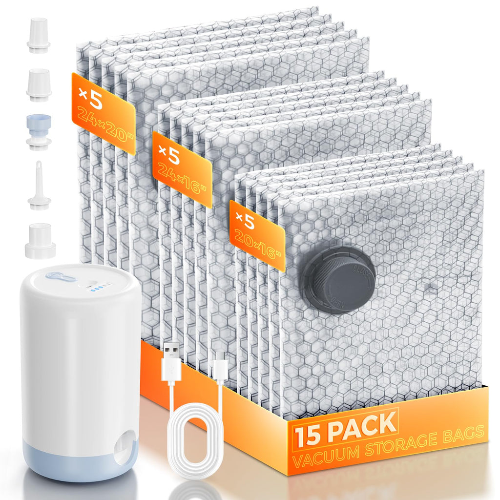 15 Pack Travel Vacuum Bags with Rechargeable Wireless Pump, Clothing Seal Organization Packing Bags, Compression Space Saver Storage for Airplane/Cruise/RV/Camping Carry On Luggage, Suitcase