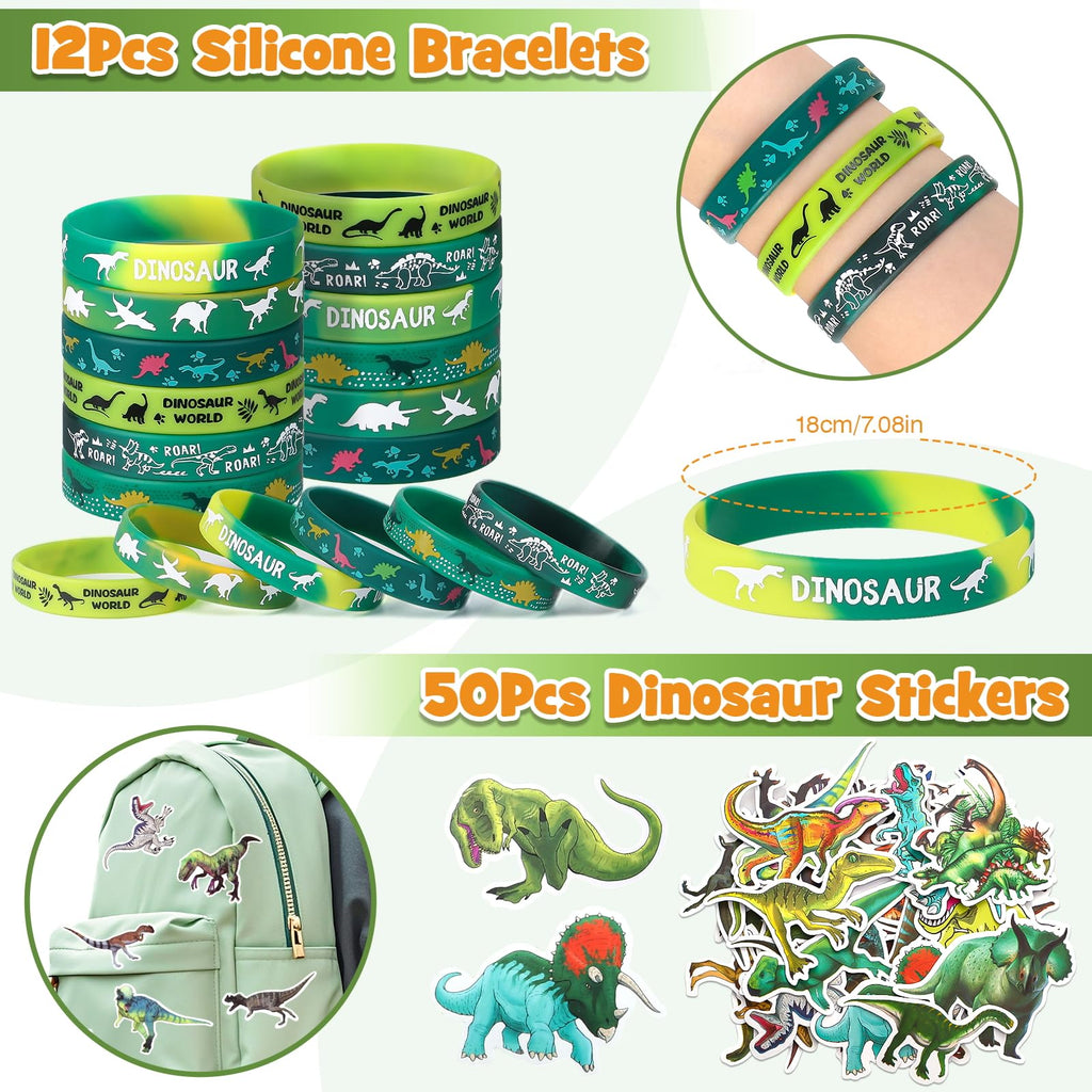 SNLN 12 Sets Dinosaur Party Favors for Kids Birthday, Magnifying Glasses Luminous Keyring Dino Egg Sticker Dino Party Supplies with Skeleton Toy Silicone Bracelet Gift Bag Dino Theme Stuffer Fillers