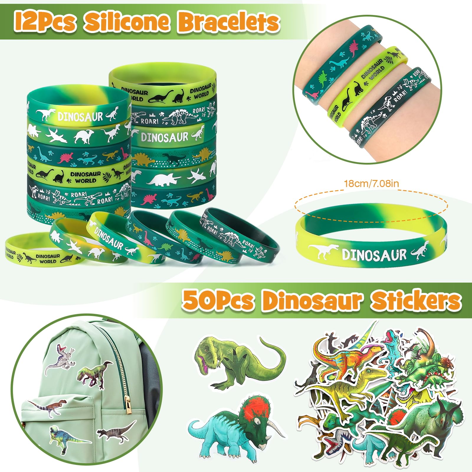SNLN 12 Sets Dinosaur Party Favors for Kids Birthday, Magnifying Glasses Luminous Keyring Dino Egg Sticker Dino Party Supplies with Skeleton Toy Silicone Bracelet Gift Bag Dino Theme Stuffer Fillers