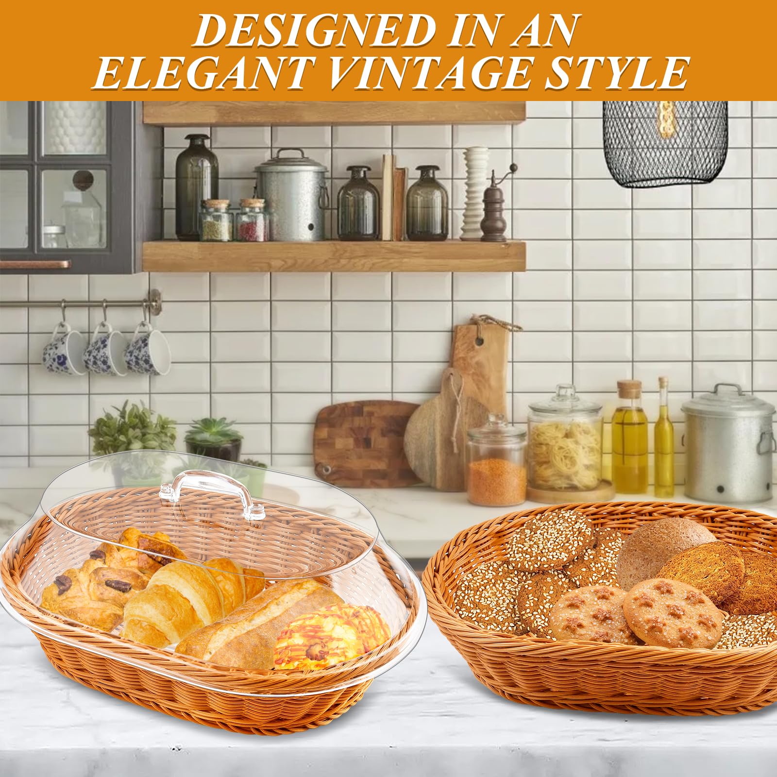 Milkary 2 Pack Wicker Bread Basket with Acrylic Lid, Imitation Rattan Bread Basket, Oval Woven Fruit Basket with Cover for Food Vegetables Display (13.78x9.84x5.91 In)