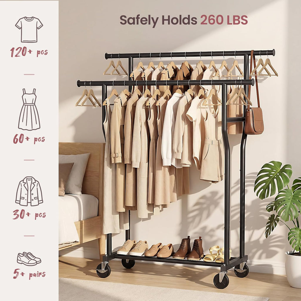 Skiennix Double Rod Rolling Clothes Rack - Heavy-Duty Metal Garment Rack with Wheels, Black