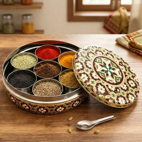 LOVENSPIRE Stainless Steel Meenakari Spice Box Organizer (7 Inch) with 7 Compartments Cups Set - Round Masala Dabba Container with Lid for Kitchen Herbs Storage, Housewarmings & Indian Return Gift