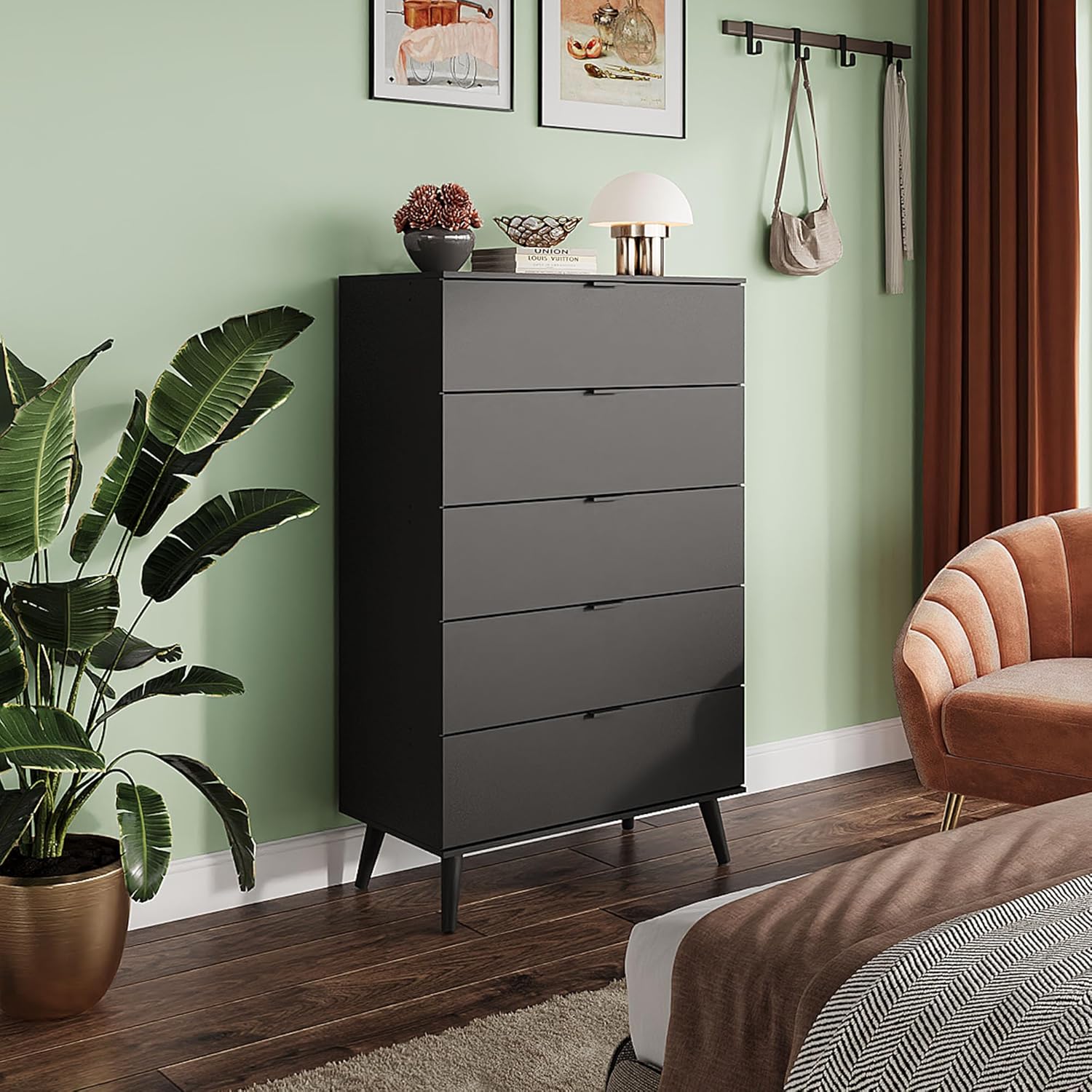 WLIVE 5 Drawer Dresser - Tall Wooden Storage Organizer with Sturdy Metal Handles | Black Finish for Bedroom & Living Room