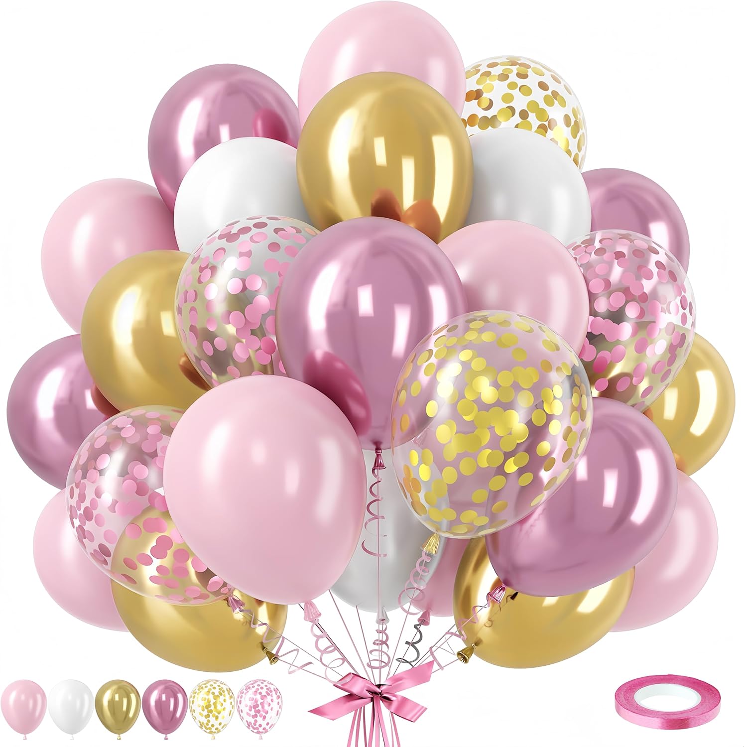 Skiennix Pink Gold Balloons Set - 12 Inch Pink & White Latex Balloons with Confetti | Perfect for Bridal, Baby Shower, and Birthday Decorations