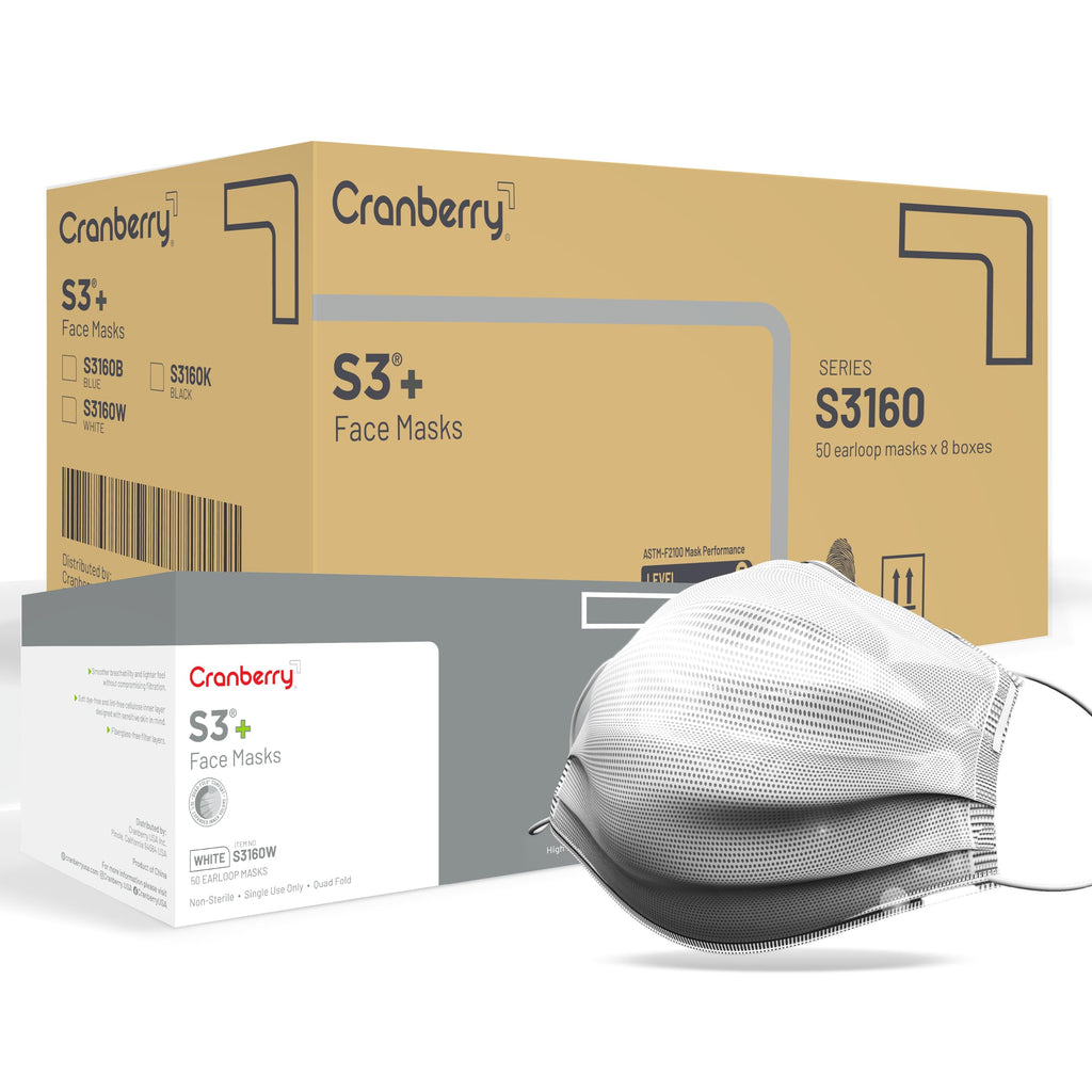 Cranberry USA S3160Wcase S3+ Earloop Face Mask, 3-Ply, Disposable, White (Pack of 400)