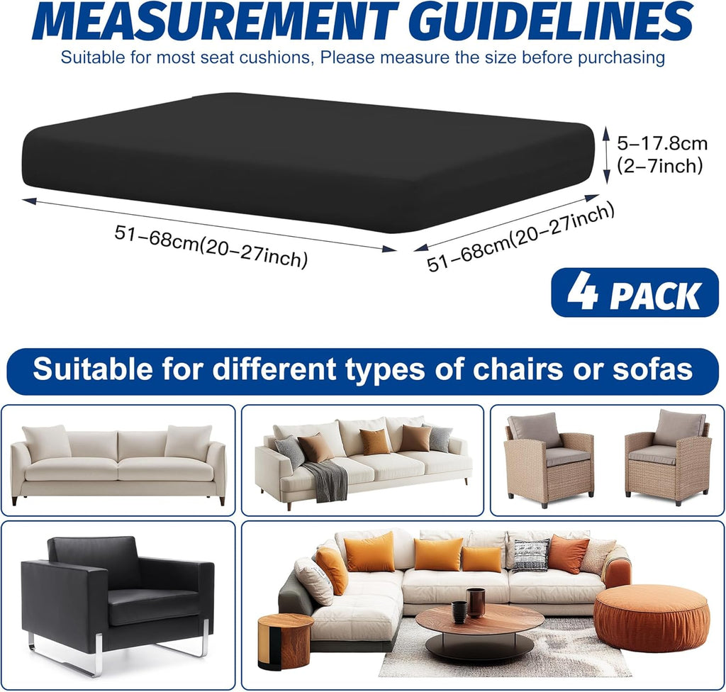 Skiennix Patio Stretch Cushion Covers - Washable Outdoor Sofa Slipcovers for 4 Cushions | Black
