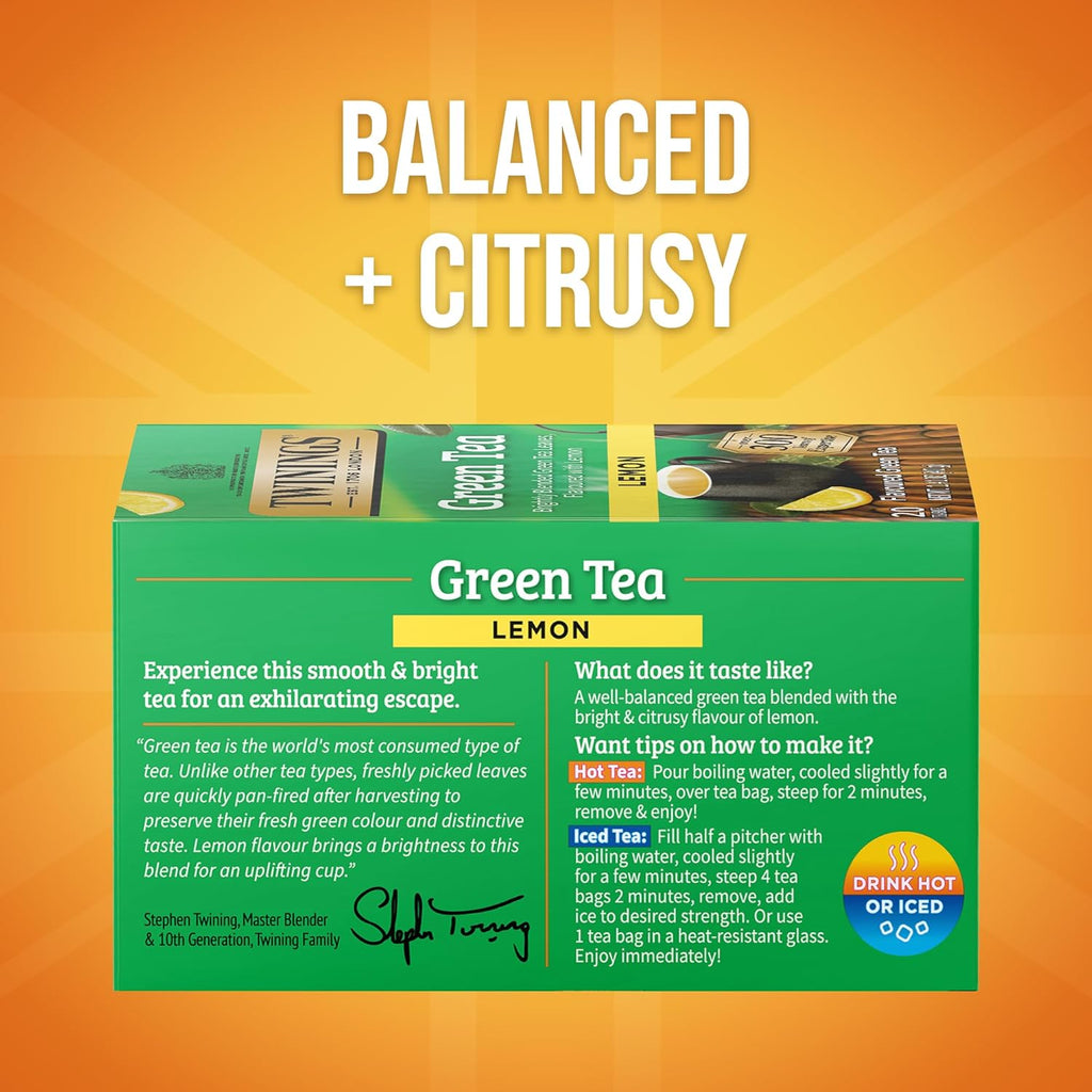 Twinings Green Tea - Zesty Lemon Flavor, Individually Wrapped, 20 Count (Pack of 6) - Enjoy Hot or Iced