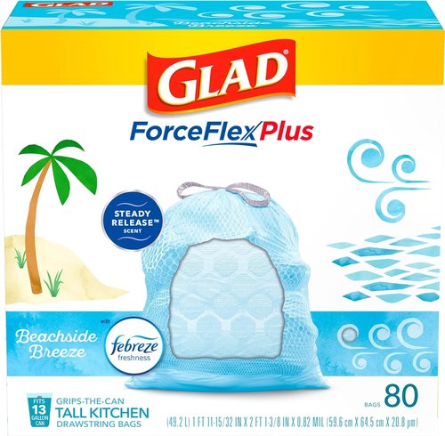 Glad Trash Bags | ForceFlexPlus Tall Kitchen Drawstring - 13 Gallon, Febreze Beachside Breeze, 80 Count