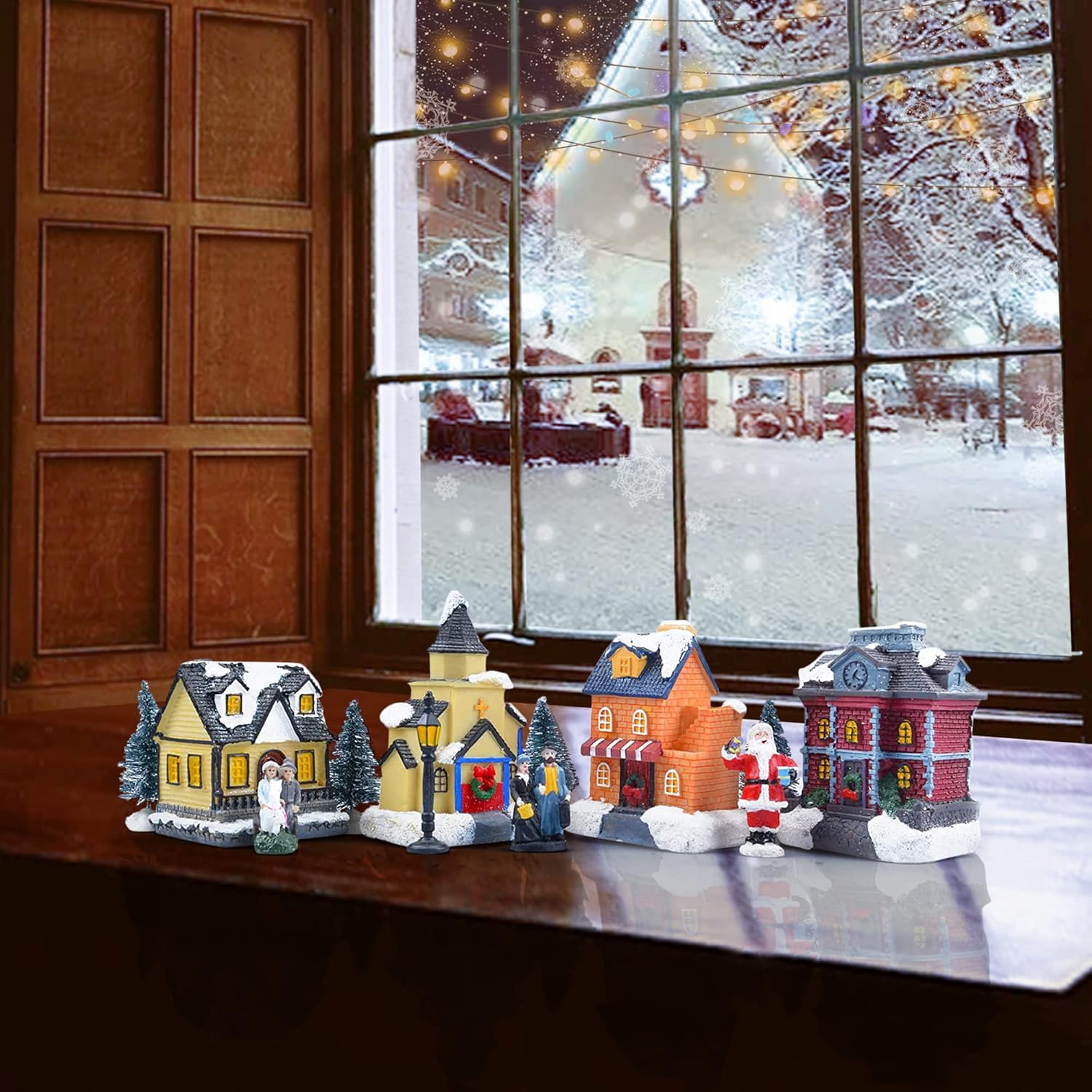 Skiennix Christmas Village Set | LED Lighted Houses with Figurines | Collectible Indoor Decor
