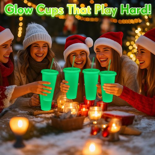 Honeydak 60 Pack 24 oz Glow in The Dark Cups Gift Bulk Light up Neon Plastic Tumbler with Straw and Lid Glow in The Dark Party Supplies Water Bottle Iced Coffee Mug Reusable(Fluorescent Green)