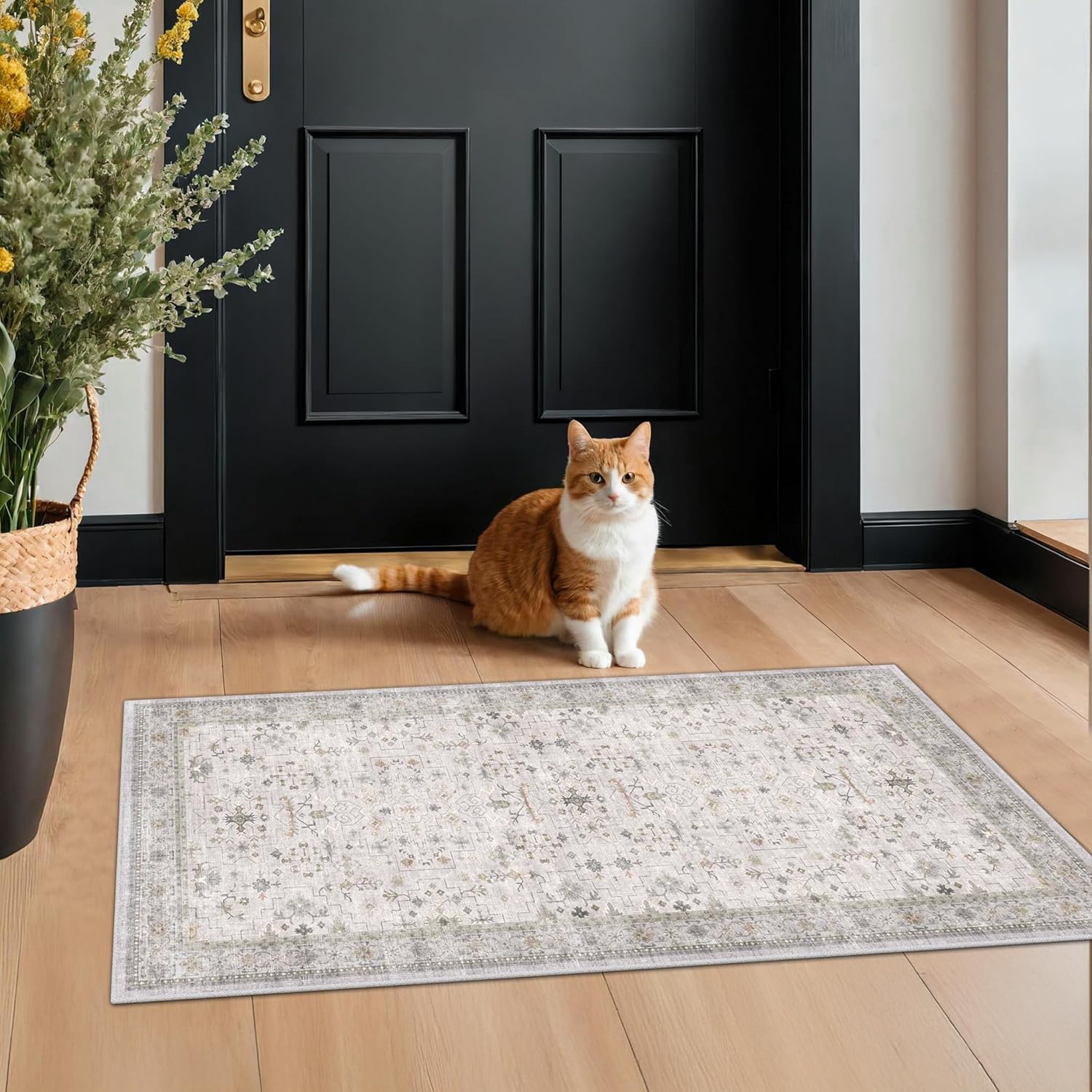 Boho Bathroom Rug by Light Grey | Modern Vintage Floral Design - Washable Non-Slip 2x4 Size