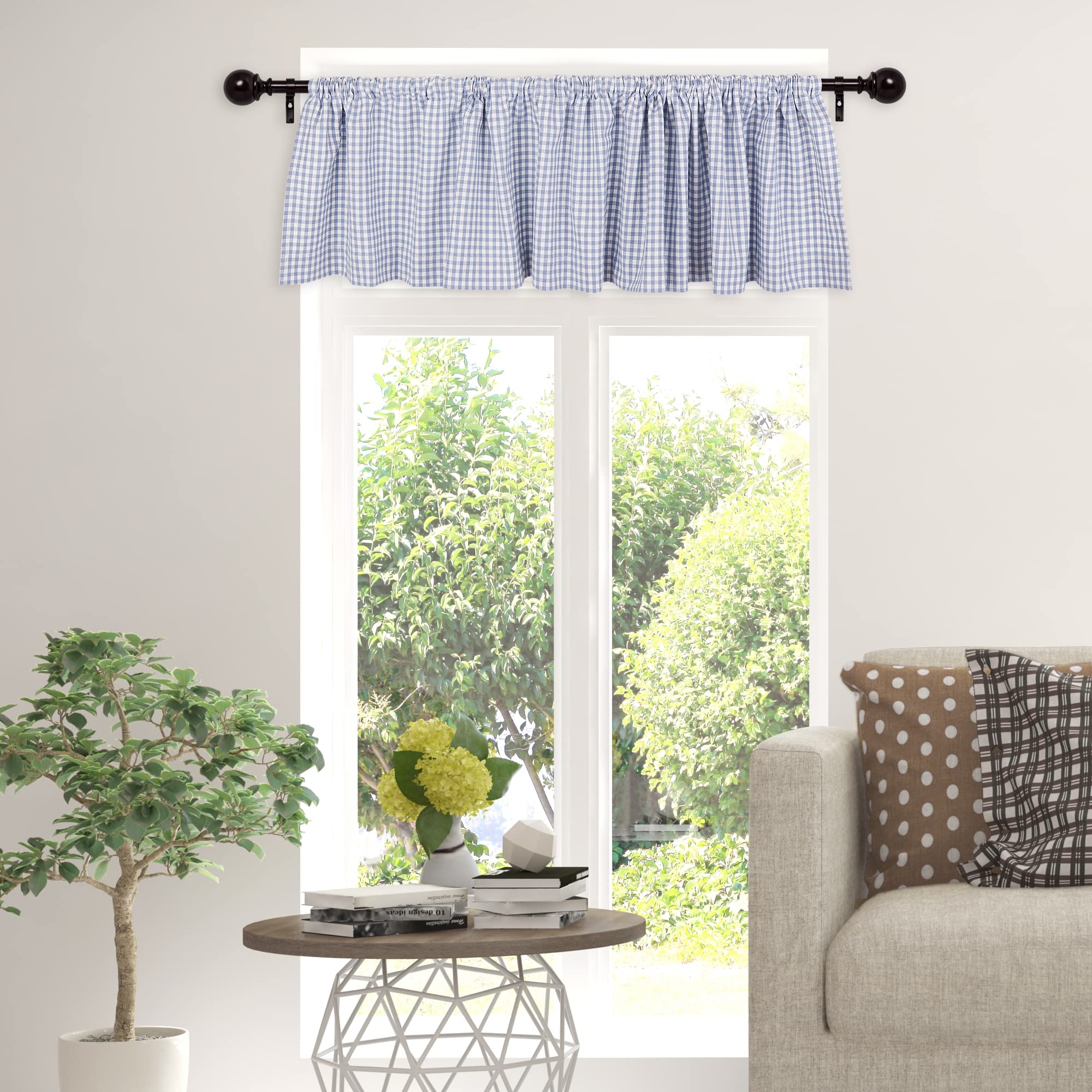 DII Window Valance Collection, 100% Cotton, Pre-Shrunk, Machine Washable, 2 Inch Curtain Rod Pocket, Single Panel, 72x14, Stonewash Blue Check