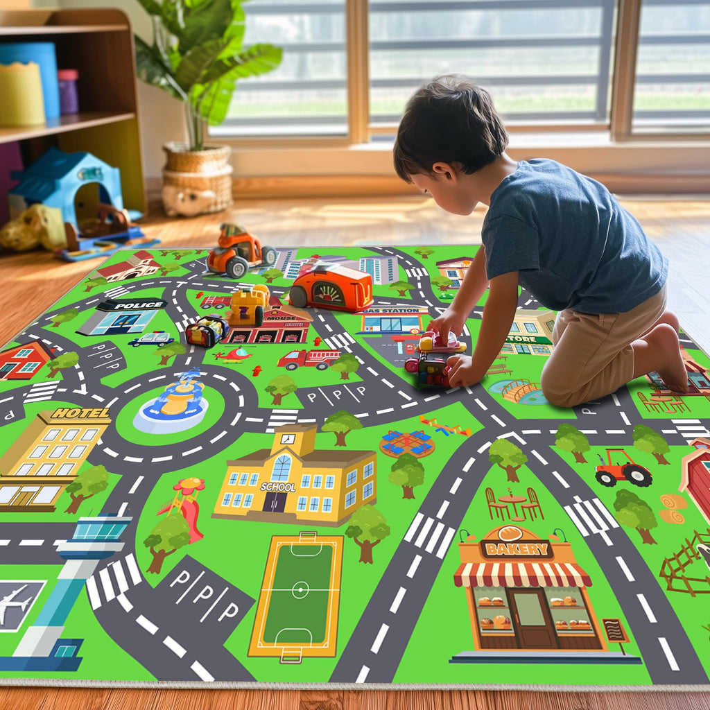OHDS Kids Room Rug - Soft & Non-Slip 5x7 Ft Town Car Rug City Map Play Mat, Childrens Road Catpet Washable Rug for Classroom Nursery Bedroom Boys