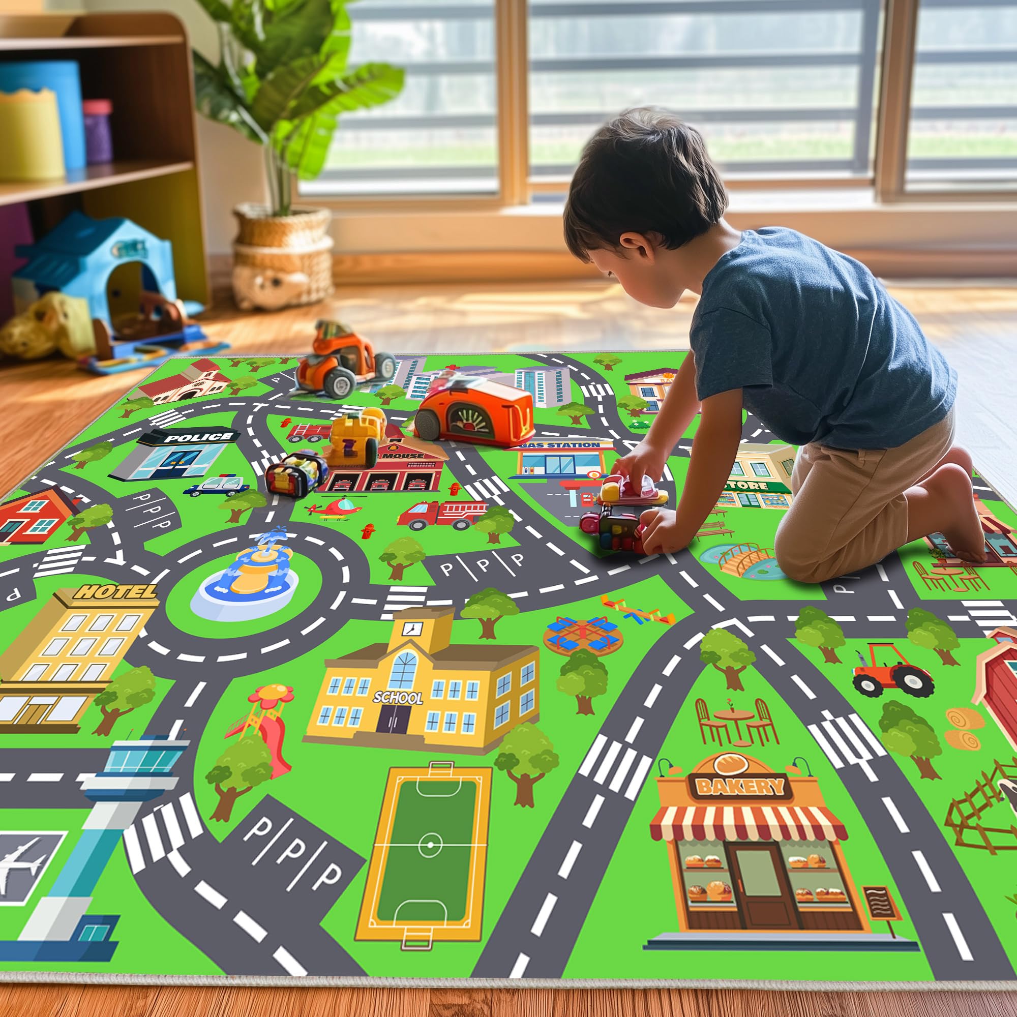 OHDS Kids Room Rug - Soft & Non-Slip 5x7 Ft Town Car Rug City Map Play Mat, Childrens Road Catpet Washable Rug for Classroom Nursery Bedroom Boys