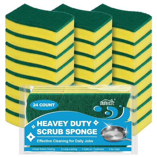 HOMEXCEL Sponges Kitchen 24pcs Heavy Duty for Dishes, Yellow Scrub Cleaning Sponge for Non-Coated Cookware, Dishes, Pots, Pans, Dual Sided Dish Sponge for Kitchen, Household, Bathroom