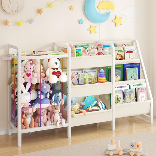CYXPHION B2 Kids Bookshelf and Toy Storage, 3 Tier Book Shelf for Kids Rooms, Sling Toddler Bookshelf with Stuffed Animal Storage, Montessori Baby Bookcase for Nursery, Bedroom, Playroom, White