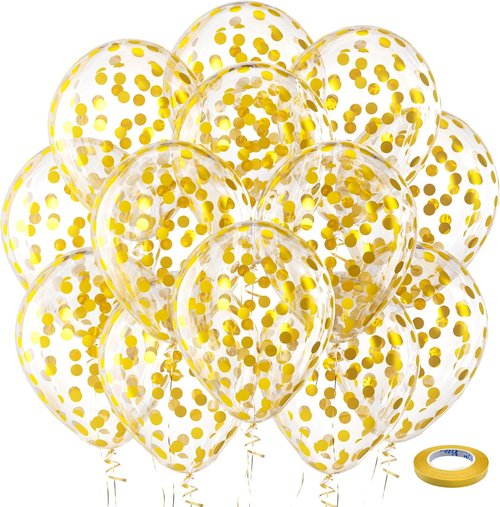Bezente Gold Confetti Balloons - 12-Inch Helium Balloons with Golden Paper Dots | 60 Pack for Celebrations