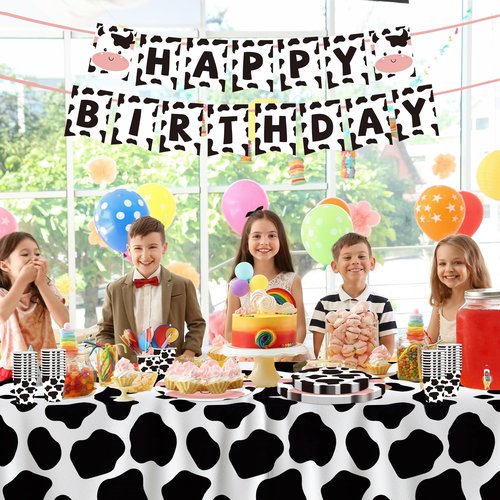 Sveikie 177pcs Cow Theme Birthday Party Decorations Set -cow party cow print plates and napkins, paper cup, Tablecloth, Banner, Black plastic silverware Serves 30