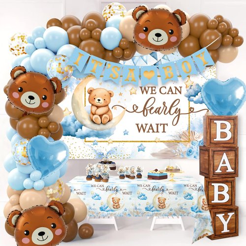 We Can Bearly Wait Baby Shower Decorations -Teddy Bear Boho Balloons Banner Boxes Cupcake Topper, We Can Bearly Wait Sign Backdrop Tablecloth, Boy Baby Shower Decorations Gender Reveal Party Decor