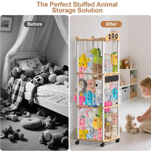 handrong Stuffed Animals Storage,Wood Stuffed Animal Holder Organizer,120+ Plushies Stuffy Storages,3-Tier Toy Storages Organizer Shelf Tower for Nursery Playroom Kidroom Living Room