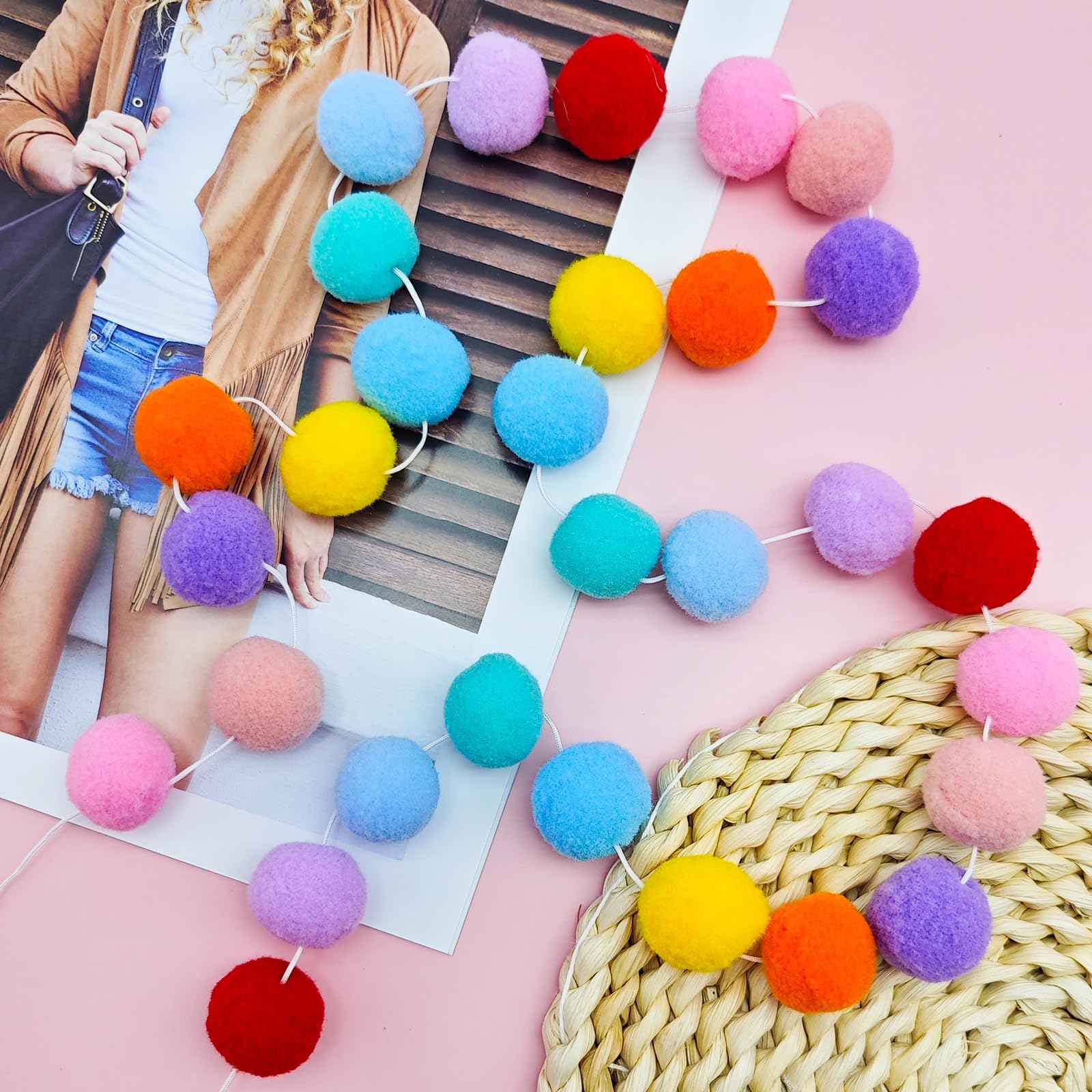 4 Pack Colorful Pom Pom Garland, 26.5 Feet Long Spring Felt Ball Rainbow Banner, 30 Balls 10Color Felt Ball Garland for Easter Decoration Party Hanging Decor