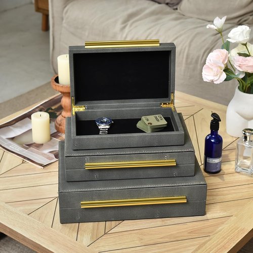 DECOR4SEASON Faux Shagreen Storage Boxes - Set of 3 Stackable Jewelry Organizers with Gold Handles & Velvet Lining, Modern Grey Design for Vanity & Entryway Decor