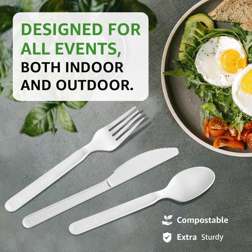 Biocean 100% Compostable Forks 180 Count Disposable Forks bulk Utensils Set Heavy Duty Fork Silverware Eco Friendly Flatware for Party Camping Picnics Wedding-Ivory White