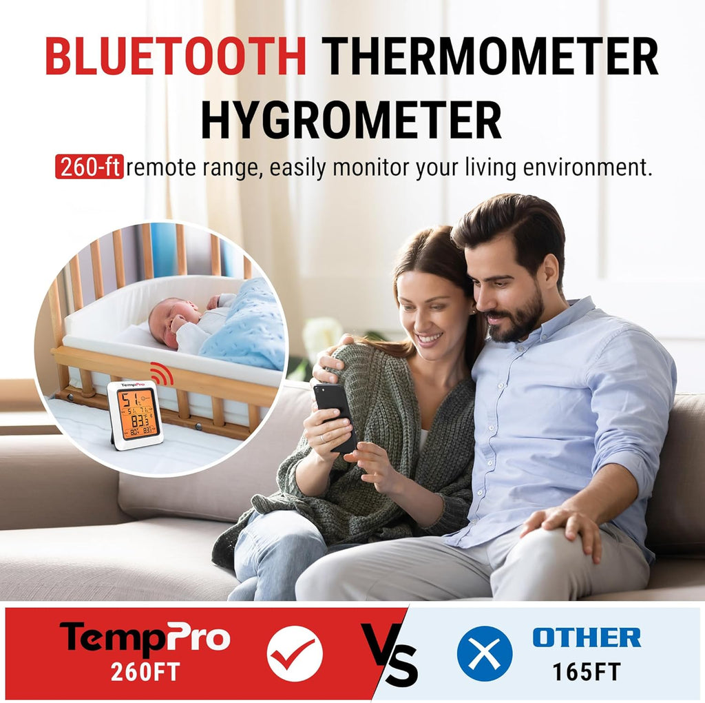 TempPro Hygrometer Thermometer - Bluetooth Indoor Room & Greenhouse Monitor, 260FT Range, Backlit Display