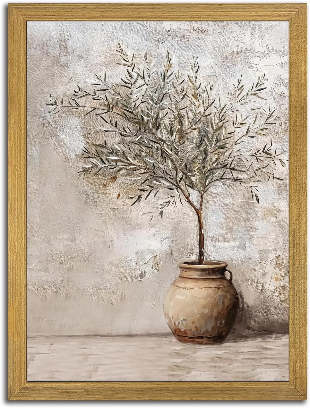 Vintage Olive Tree Canvas Wall Art - Rustic Potted Plant Decor | 12x16 Inch Framed Oil Painting for Farmhouse Aesthetic