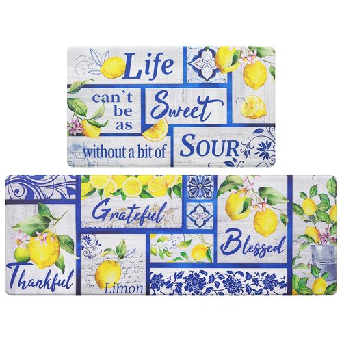 Likiyol Kitchen Mats - 2Pcs Set: Anti Fatigue, Non Slip, Lemon Print Design, Washable for Kitchen & Home Floor, 18''x30''+18''x48''
