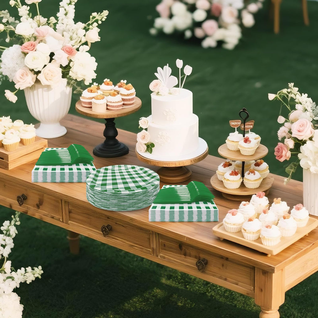 WYQJHKV 105 Pcs Dark Green Gingham Party Supplies Include 7 Inch Disposable Dark Green Dessert Paper Plates and Napkins for Wedding Baby Shower Birthday Party