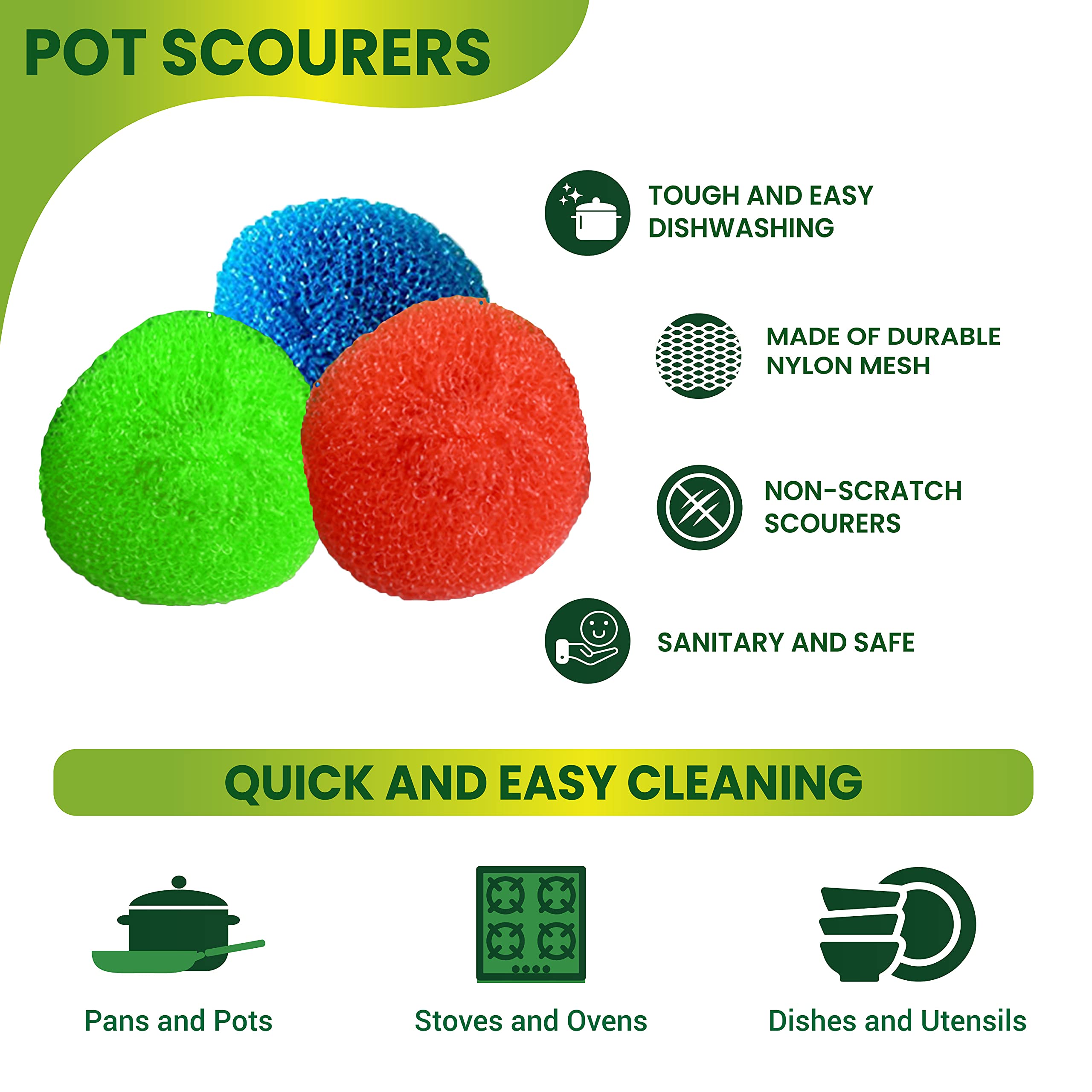 SCRUBIT 18 Round Nylon Dish Scrubber Scouring Pads - Assorted Colors Scourer Pads - Tough and Durable - Non-Scratch for Non-Stick Cookware